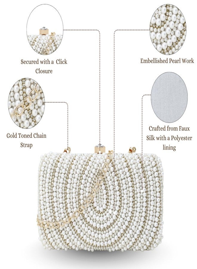 Anekaant Adorn White & Gold Pearl Embellished Faux Silk Clutch for Women | Bridal Bag | Party, Wedding & Festive Accessory - Image 3